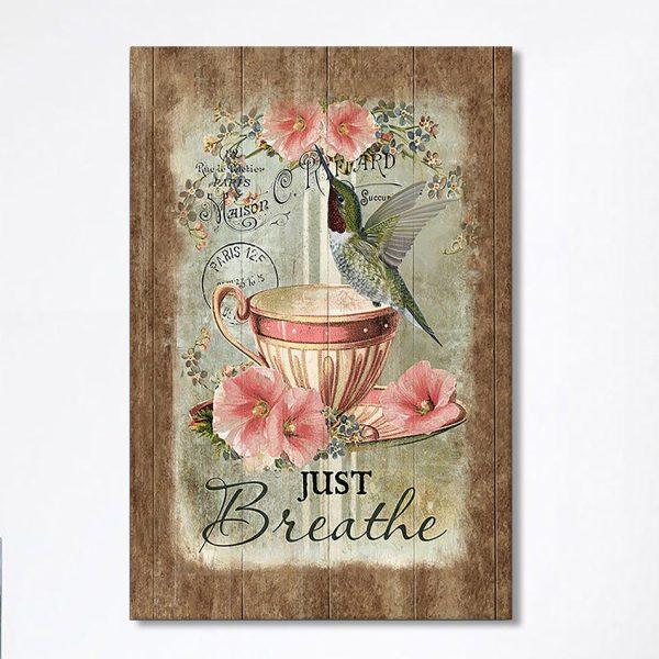 Just Breathe Hummingbird Tea Cup Pink Flowers Vintage Canvas Wall Art – Christian Canvas Prints – Bible Verse Canvas Art