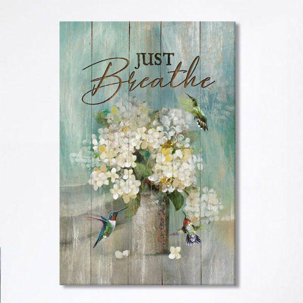 Just Breathe Hummingbird White Flower Wall Art Canvas – Bible Verse Canvas Art – Christian Wall Art Canvas Home Decor