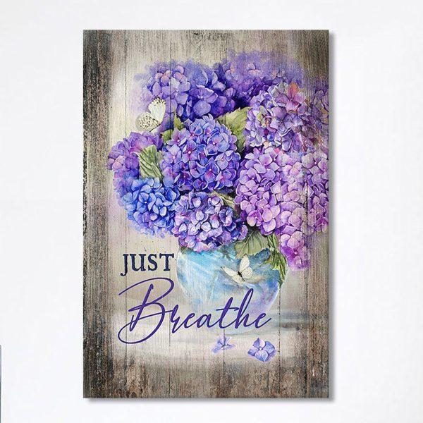 Just Breathe Hydrangea Purple Flower Wall Art Canvas – Bible Verse Canvas Art – Christian Wall Art Canvas Home Decor