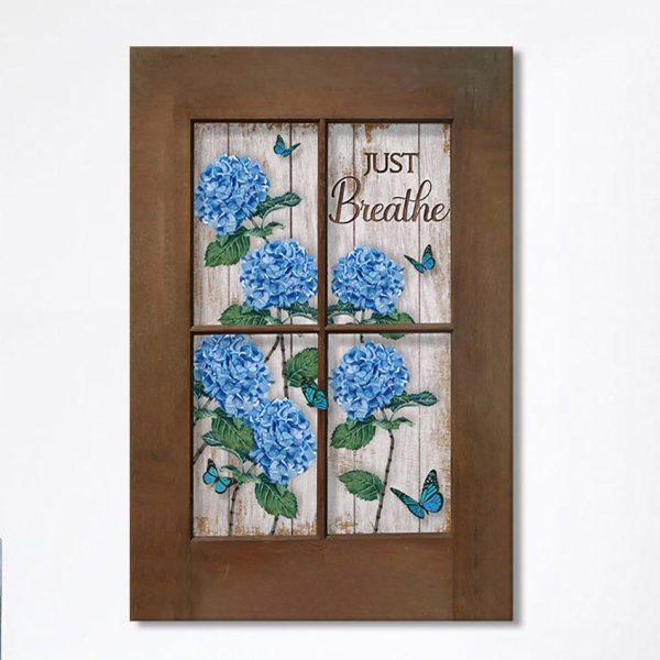 Just Breathe Hydrangeas Blue Flower Butterfly Wall Art Canvas – Bible Verse Canvas Art – Christian Wall Art Canvas Home Decor