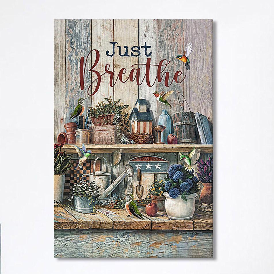Just Breathe Kitchen Hummingbird Wall Art Canvas – Bible Verse Canvas Art – Christian Wall Art Canvas Home Decor