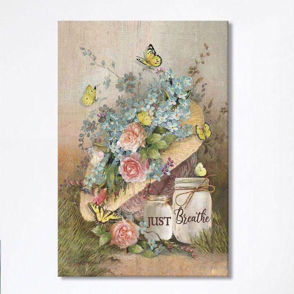 Just Breathe Pastel Flower Vase Yellow Butterfly Canvas Art – Christian Art – Bible Verse Wall Art – Religious Home Decor