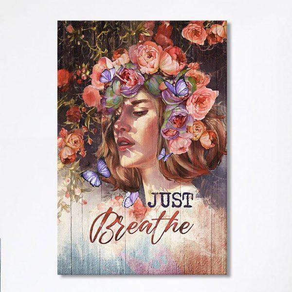 Just Breathe Purple Butterfly Girl Canvas Wall Art – Bible Verse Canvas Art – Christian Home Decor