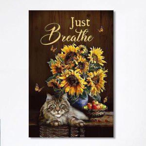 Just Breathe Sunflower Cat Wall Art Canvas…