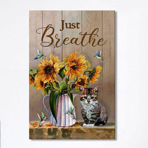 Just Breathe Sunflower Vase Little Cat Hummingbird Wall Art Canvas – Bible Verse Canvas Art – Christian Wall Art Canvas Home Decor