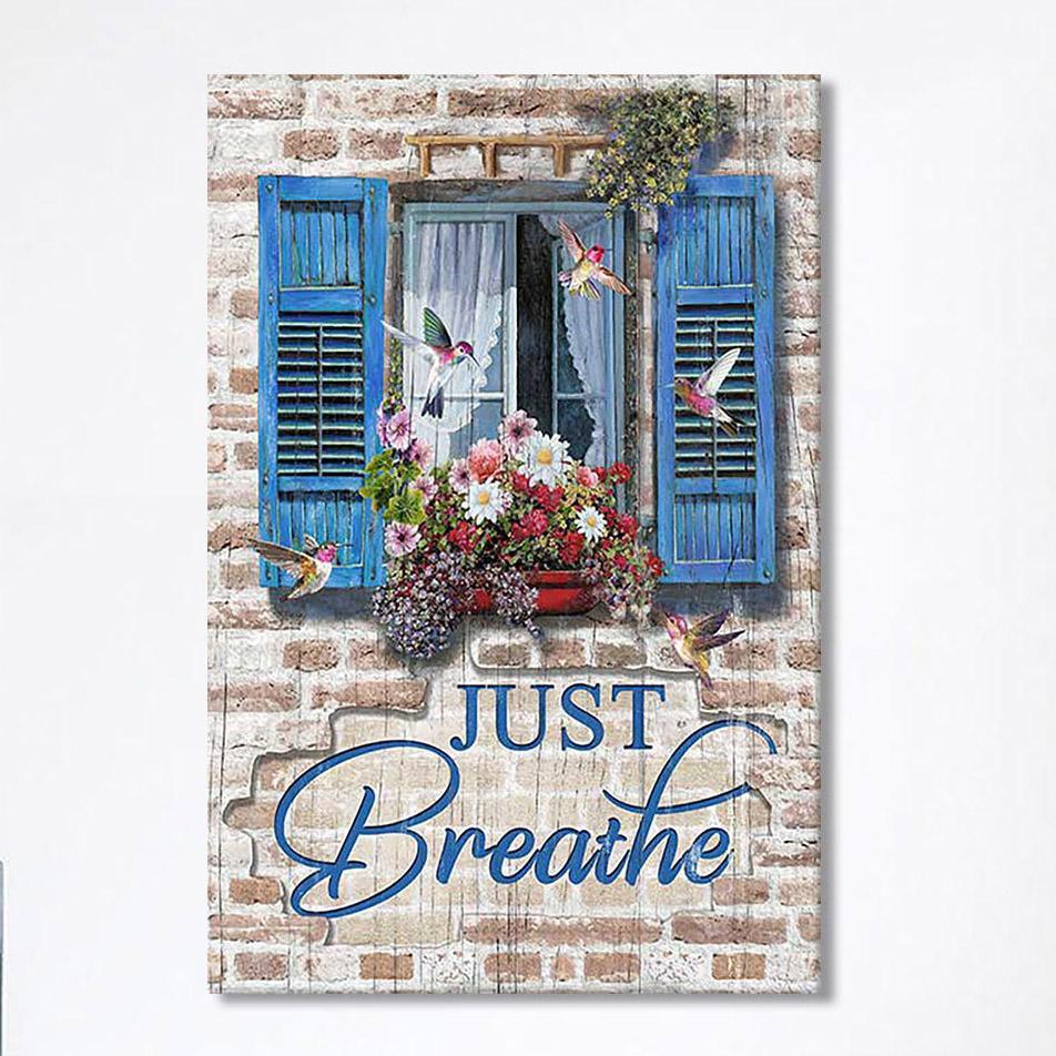 Just Breathe Window Flower Hummingbird Wall Art Canvas – Bible Verse Canvas Art – Christian Wall Art Canvas Home Decor