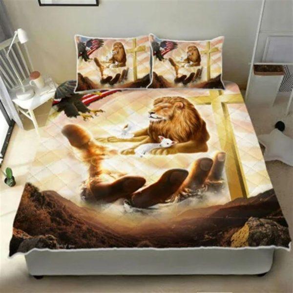 Lion And Lamb Cross American Quilt Bedding Set – Christian Gift For Believers