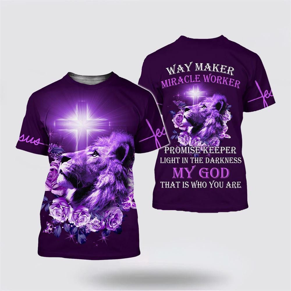 Lion Cross Light, Purple Rose Way Maker Miracle Worker Jesus All Over Print 3D T Shirt – Gifts For Christians Lion Cross Light, Purple Rose Way Maker Miracle Worker Jesus All Over Print 3D T Shirt – Gifts For Christians