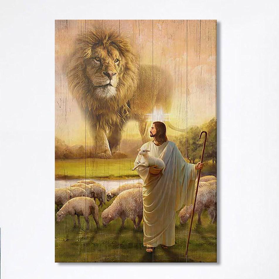 Lion Lambs Walking With Jesus Canvas – Lion Canvas Print – Christian Wall Art Canvas – Religious Home Decor