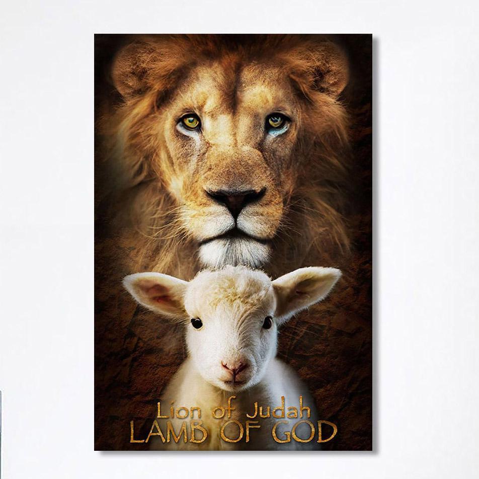 Lion Of Judah And Lamb Of God Stand Together Canvas Wall Art- Christian Wall Decor