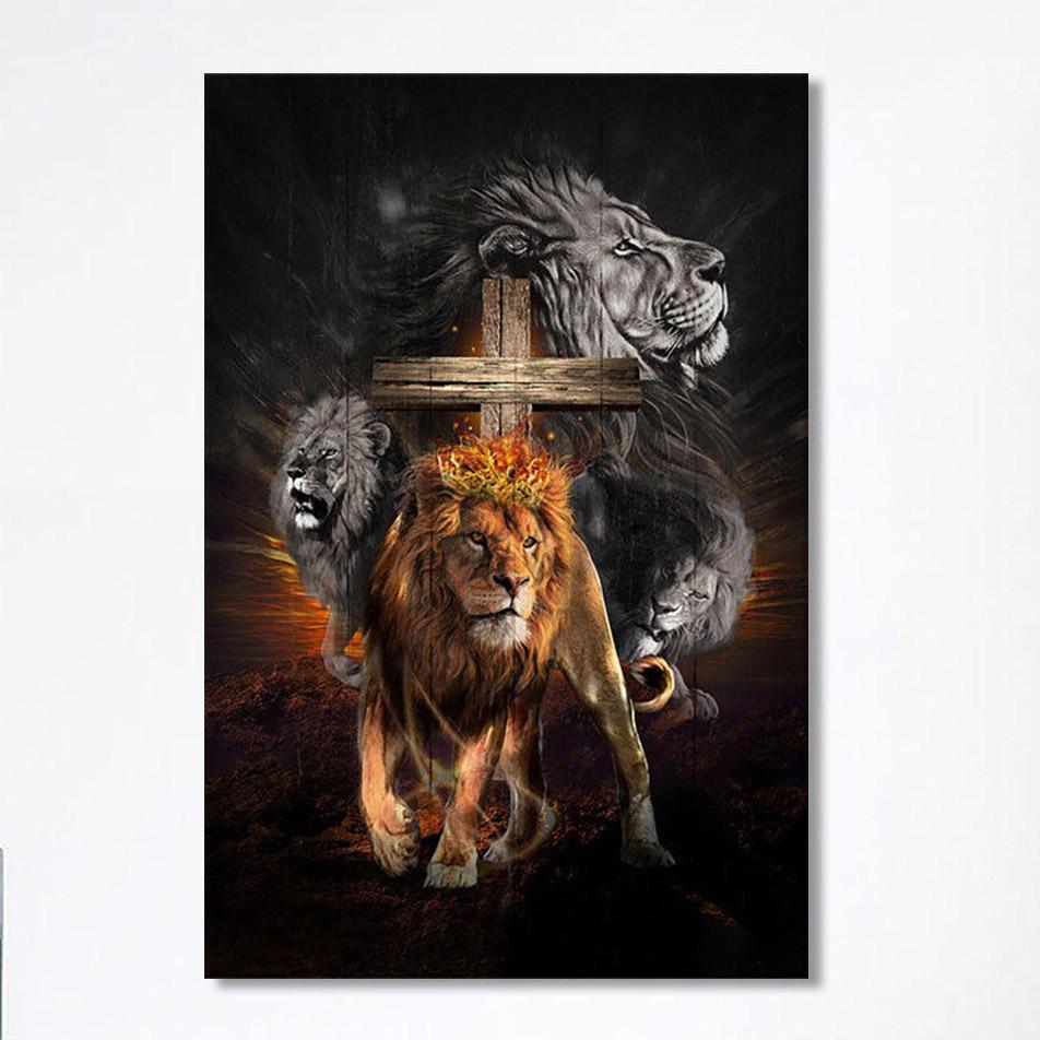 Lion Of Judah Wooden Cross Jesus The Lord Canvas – Lion Canvas Print – Christian Wall Art Canvas – Religious Home Decor