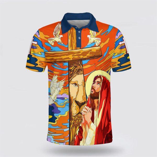 Lion Pray With Jesus On The Cross Polo Shirt – Gifts For Christian Families