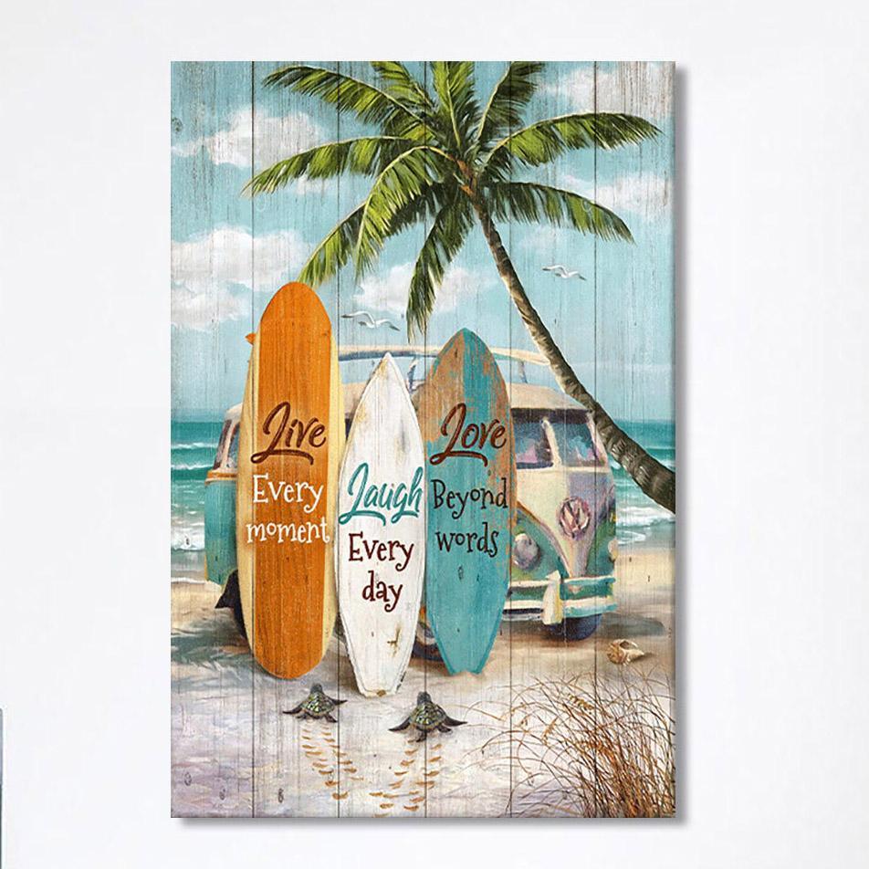 Live Every Moment Beach Little Sea Turtle Surfboard Canvas Wall Art – Christian Canvas Prints – Bible Verse Canvas Art