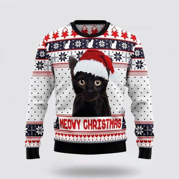 Meowy Black Cat Christmas White Sweater – Cat Lover Christmas Sweater
