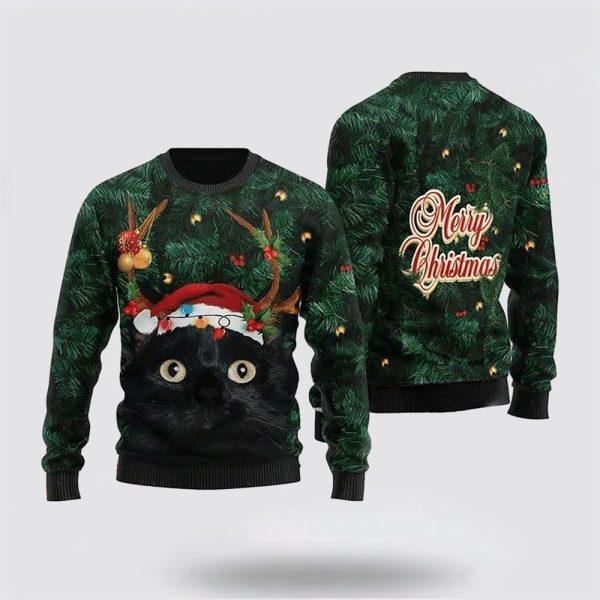 Merry Christmas Black Cat In Pine Tree Christmas Sweater – Cat Lover Christmas Sweater