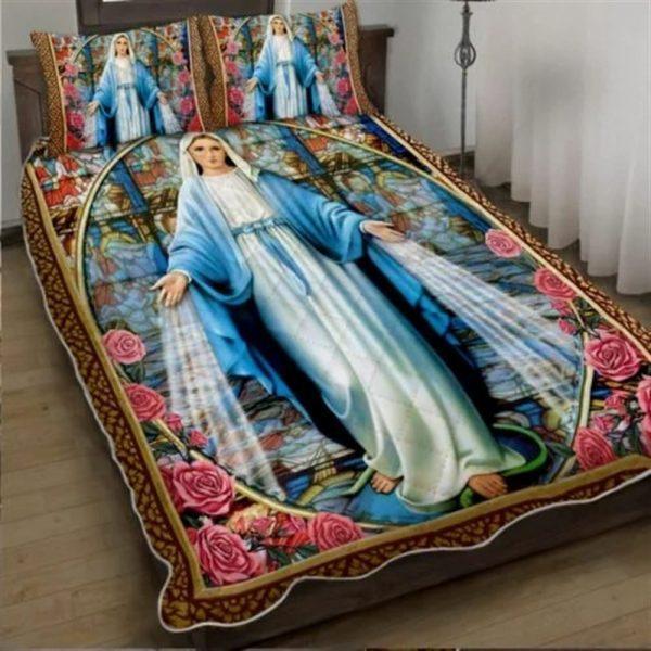 Mother Mary Bedding Jesus God Mother Mary Roses Quilt Bedding Set – Christian Gift For Believers