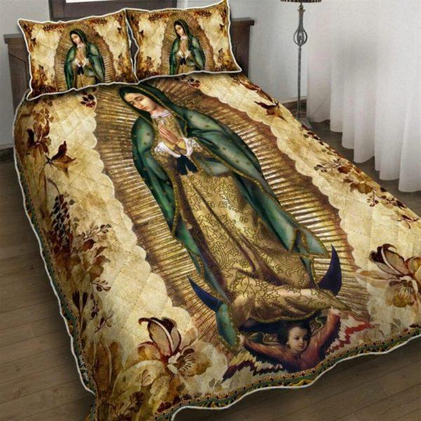 Mother Mary Roses Christian Quilt Bedding Set – Christian Gift For Believers