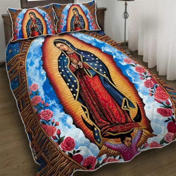 Mother Mary Roses Quilt Bedding Set – Christian Gift For Believers