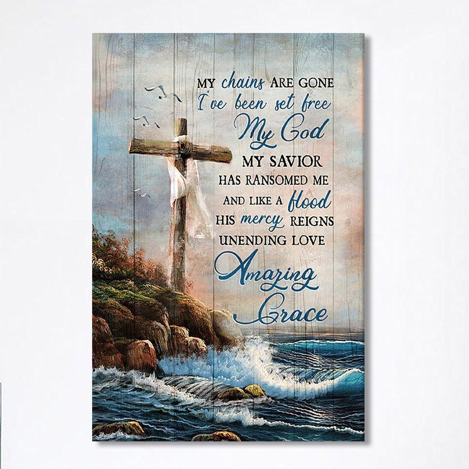 My Chains Are Gone God Cross Sea Canvas Print- Christian Wall Art Canvas Home Decor