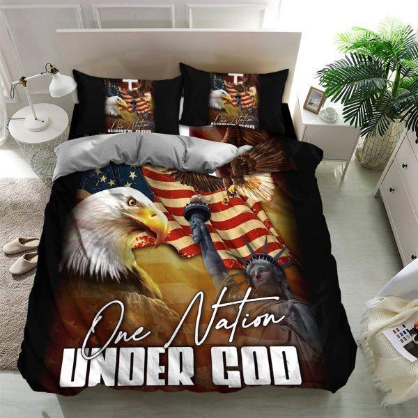 One Nation Under God, Eagle And Statue of Liberty Christian Quilt Bedding Set – Christian Gift For Believers
