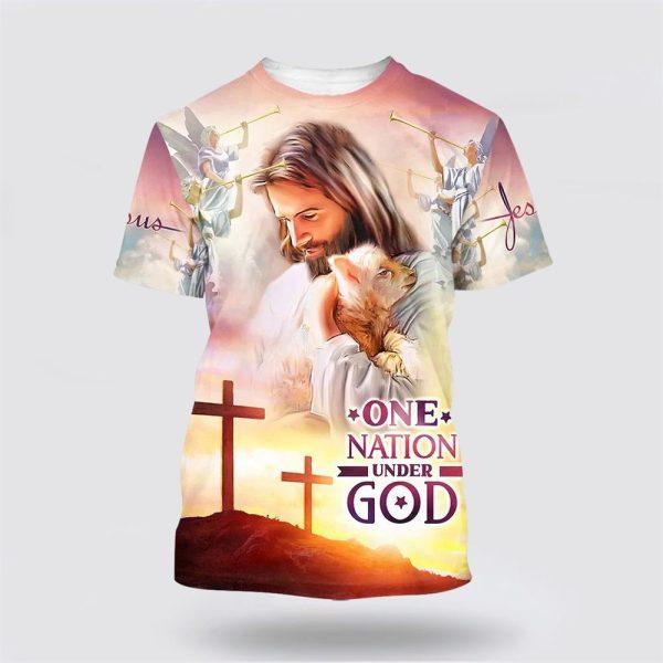 One Nation Under God Jesus Holding Sheep All Over Print 3D T Shirt – Gifts For Christians