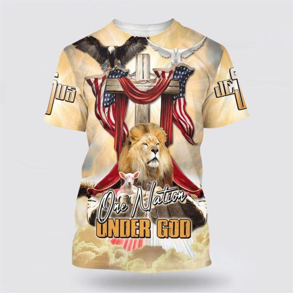 One Nation Under God Lion Wooden Cross And The Lamb All Over Print 3D T Shirt – Gifts For Christians