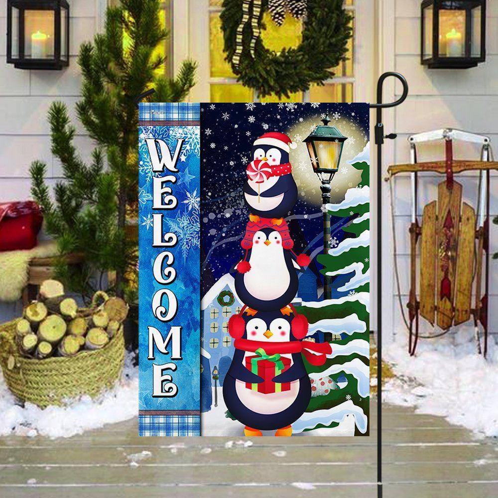 Penguins Christmas Welcome Flag – Christmas Flag Outdoor Decoration