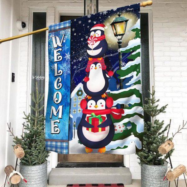 Penguins Christmas Welcome Flag – Christmas Flag Outdoor Decoration