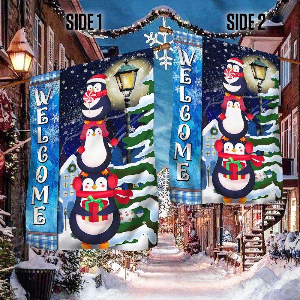Penguins Christmas Welcome Flag – Christmas Flag Outdoor Decoration