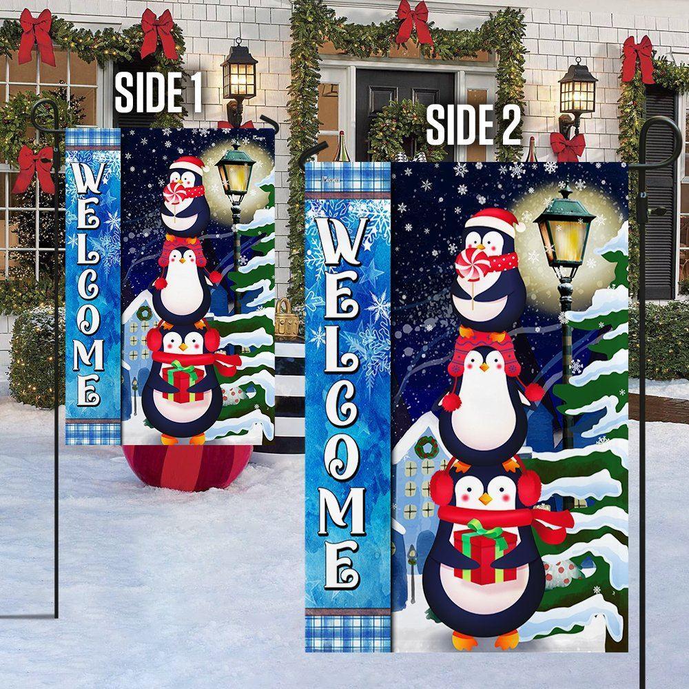 Penguins Christmas Welcome Flag – Christmas Flag Outdoor Decoration
