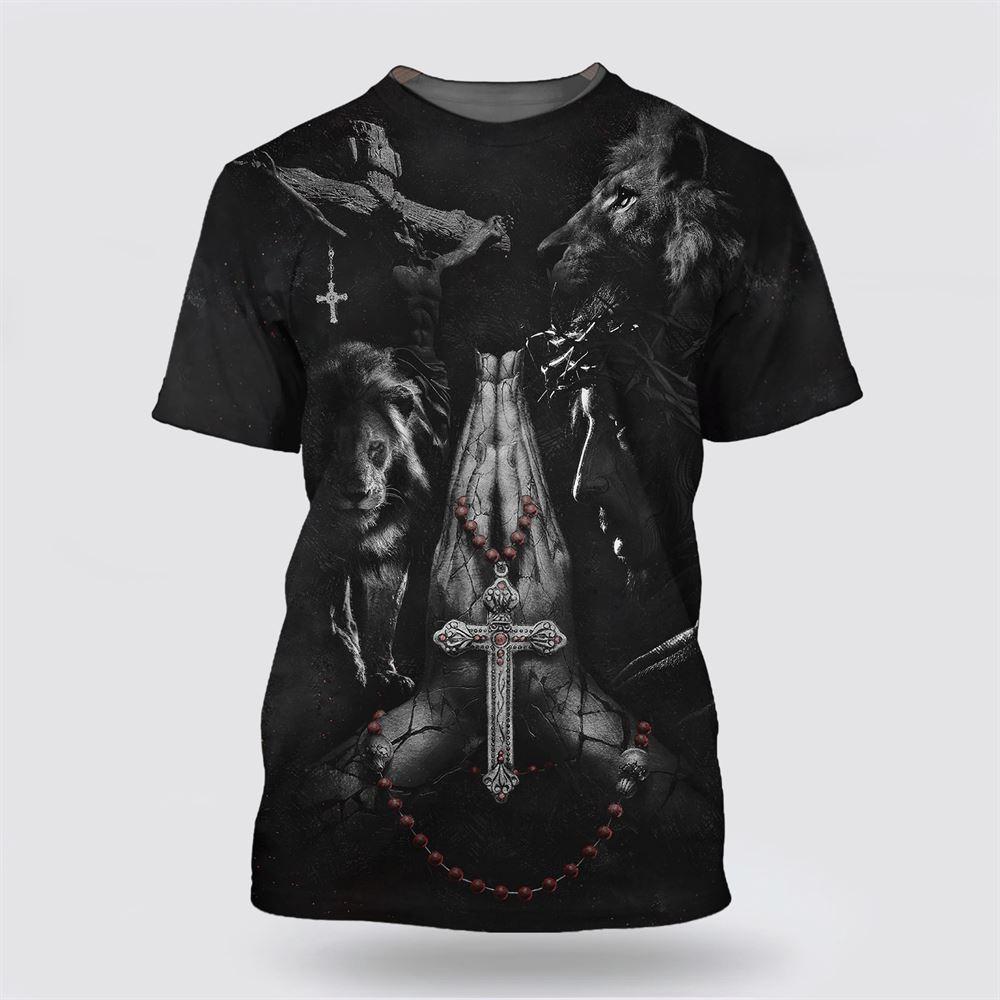 Praying Hands Jesus Lion All Over Print 3D T Shirt – Gifts For Christians