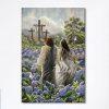 Pretty Girl Walking With Jesus In Purple Hydrangea Flower Field Canvas Print- Christian Wall Art Canvas Home Decor