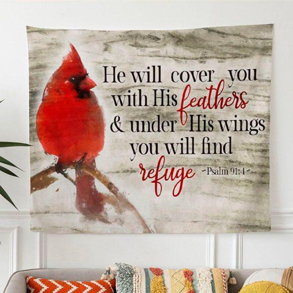 Psalm 914 He Will Cover You With His Feathers Tapestry Wall Art Cardinal Bird – Gifts For Christian Families