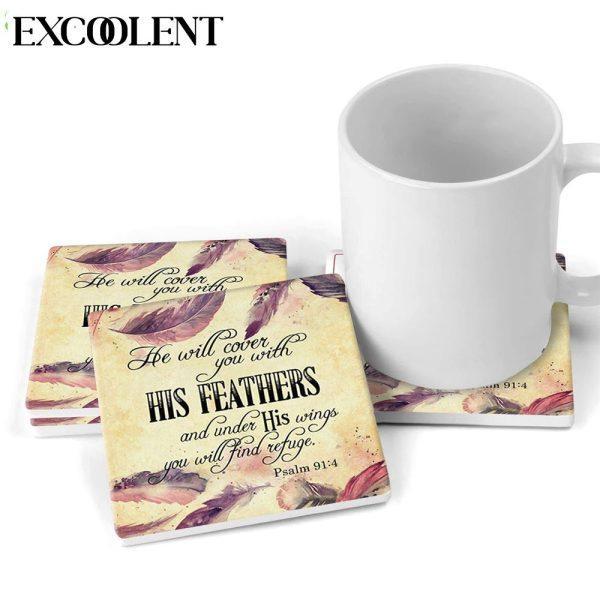 Psalm 914 Niv He Will Cover You With His Feathers Stone Coasters – Coasters Gifts For Christian
