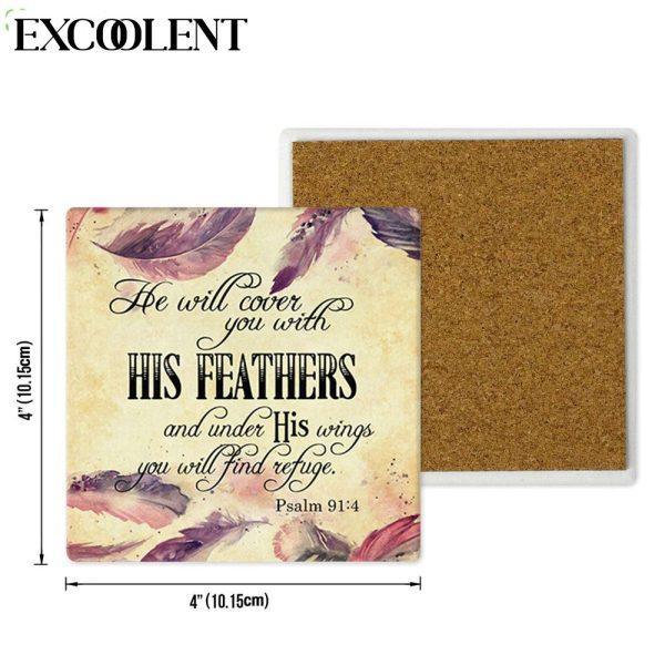 Psalm 914 Niv He Will Cover You With His Feathers Stone Coasters – Coasters Gifts For Christian