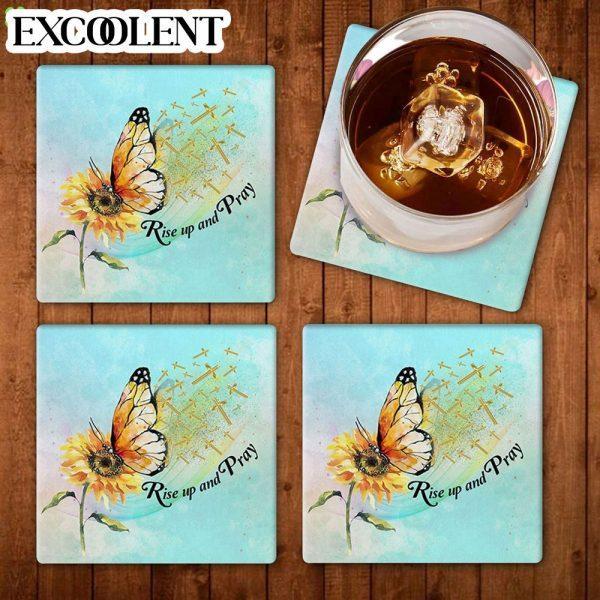 Rise Up And Pray Butterfly Sunflower Stone Coasters – Coasters Gifts For Christian