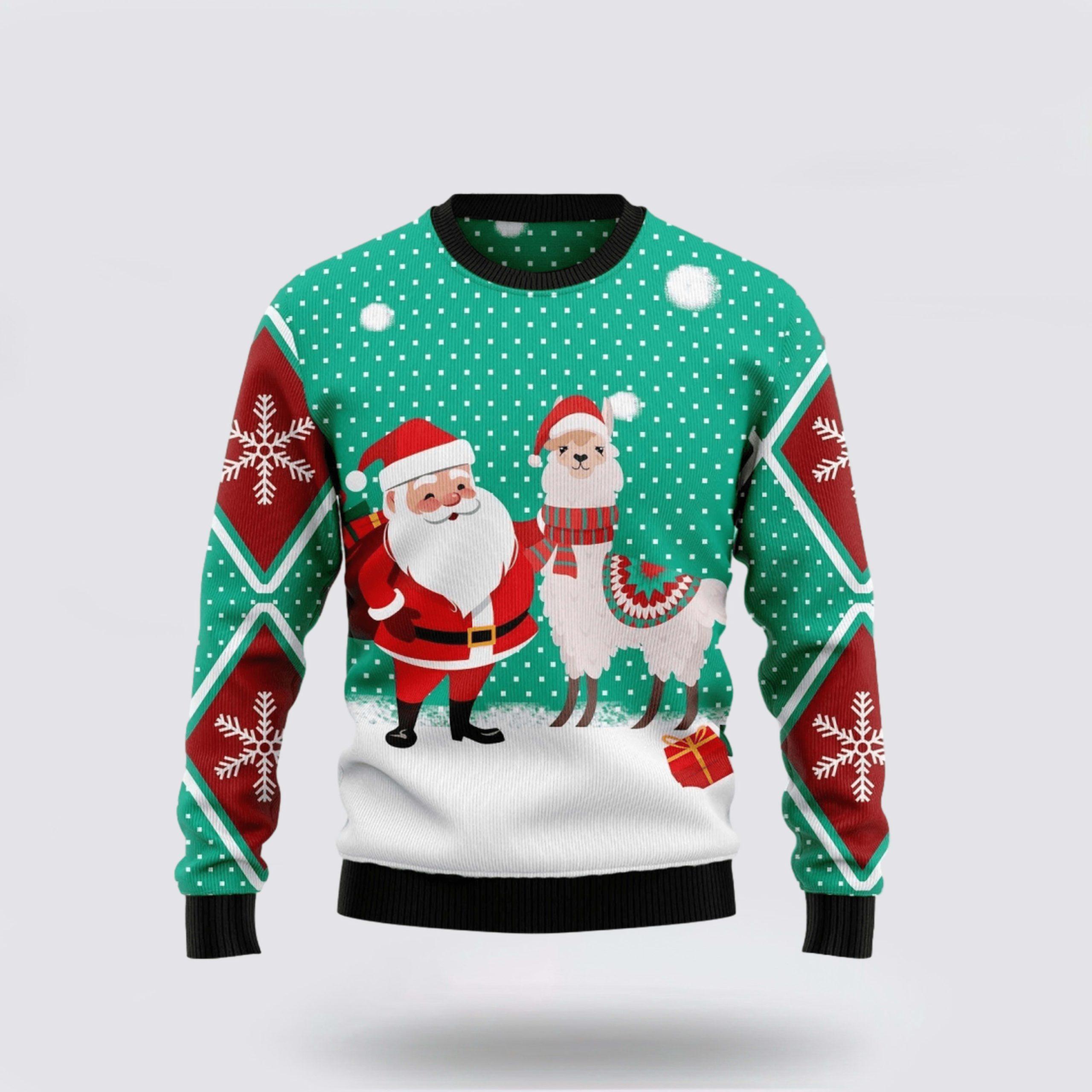 Santa Claus & Llama Ugly Sweater Festive Green & Red Snowflake Design – Christmas Gifts For Frends