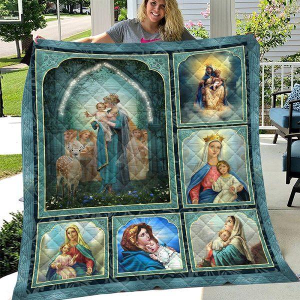 Sika Deer,Maria And Jesus Christian Quilt Blanket – Gifts For Christians