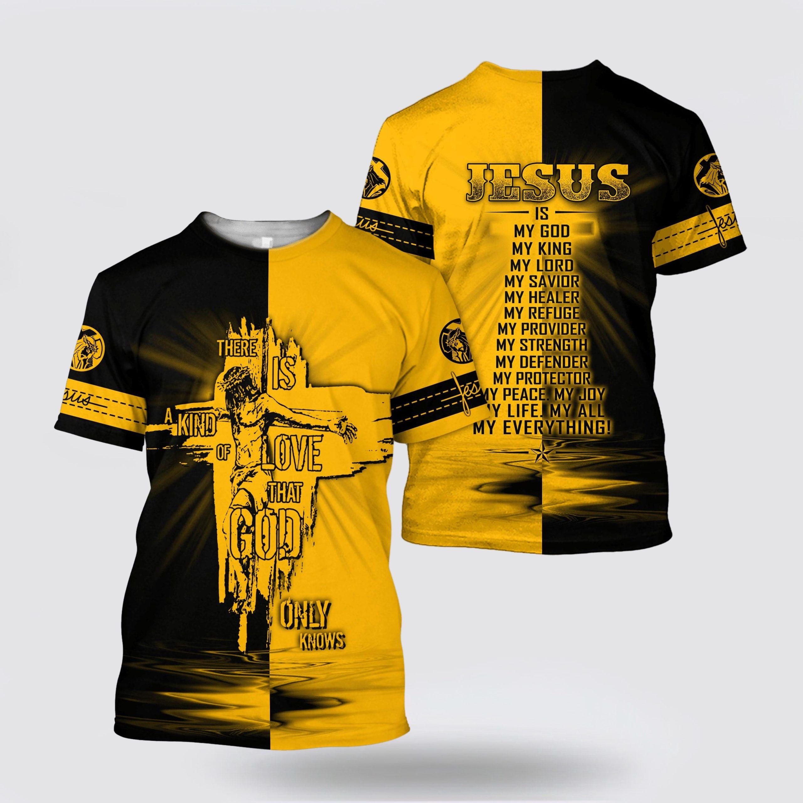 There Is A Kind Of Love That God Only Knows Yeallow And Black Color Jesus All Over Print 3D T Shirt – Gifts For Christians