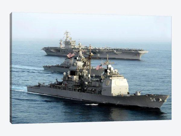 USS Antietam, USS Nimitz, And USS Higgins Transit Through The Gulf Of Oman US Navy Canvas Wall Art – Gift For Military Personnel