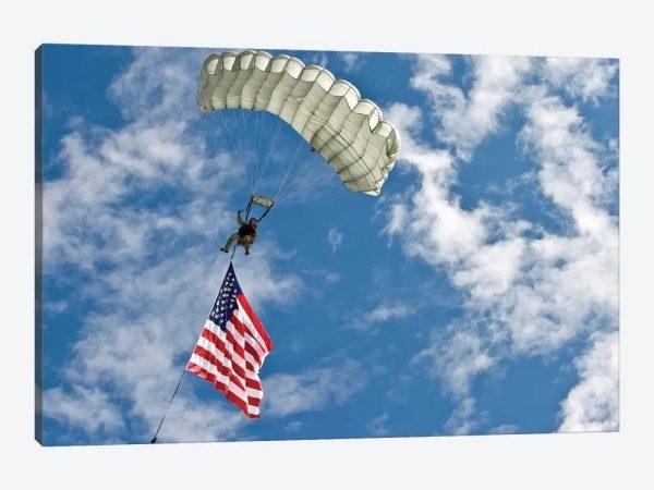 US Air Force Member Glides Through The Sky With The American Flag Canvas Wall Art – Gift For Military Personnel