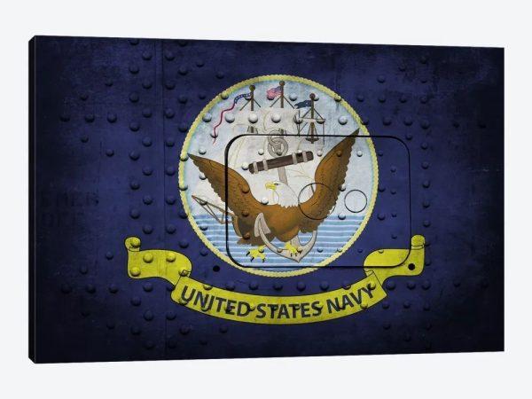 US Navy Flag Riveted Warship Panel Background III Canvas Wall Art – Gift For Military Personnel