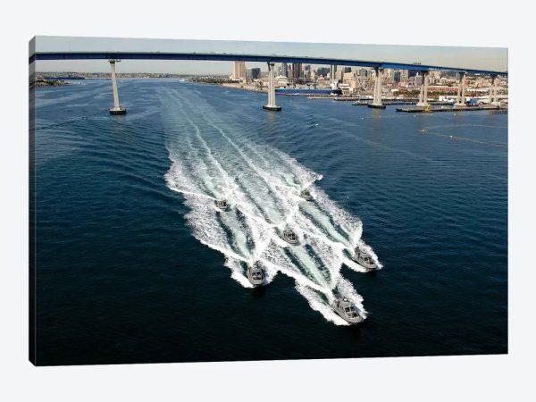 US Navy Patrol Boats Conduct Operations Near The Coronado Bay Bridge In San Diego, California Canvas Wall Art – Gift For Military Personnel