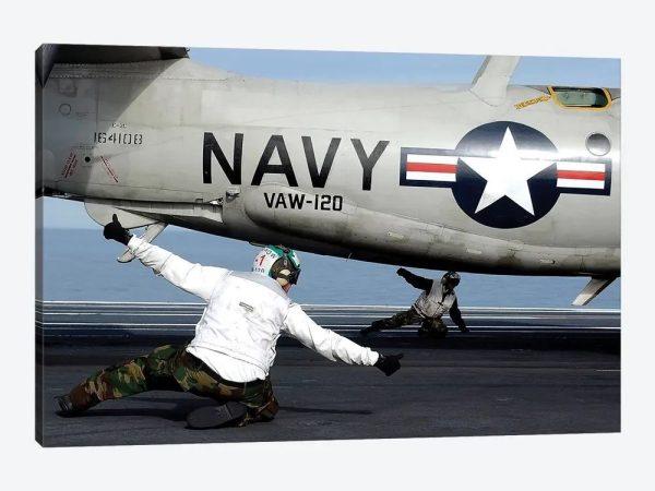 US Navy Sailors Give The Thumbs Up Signal Before Launching A E-2C Hawkeye Canvas Wall Art – Gift For Military Personnel