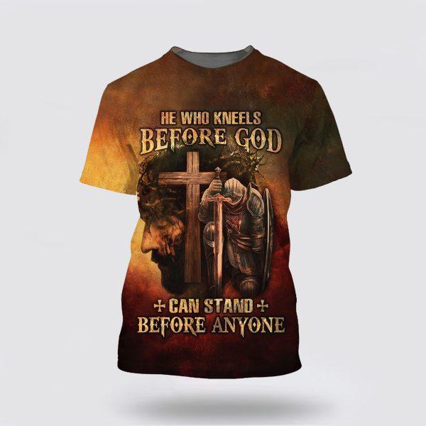Warrior And Lion He Who Kneels Before God Can Stand Before Anyone All Over Print 3D T Shirt – Gifts For Christians