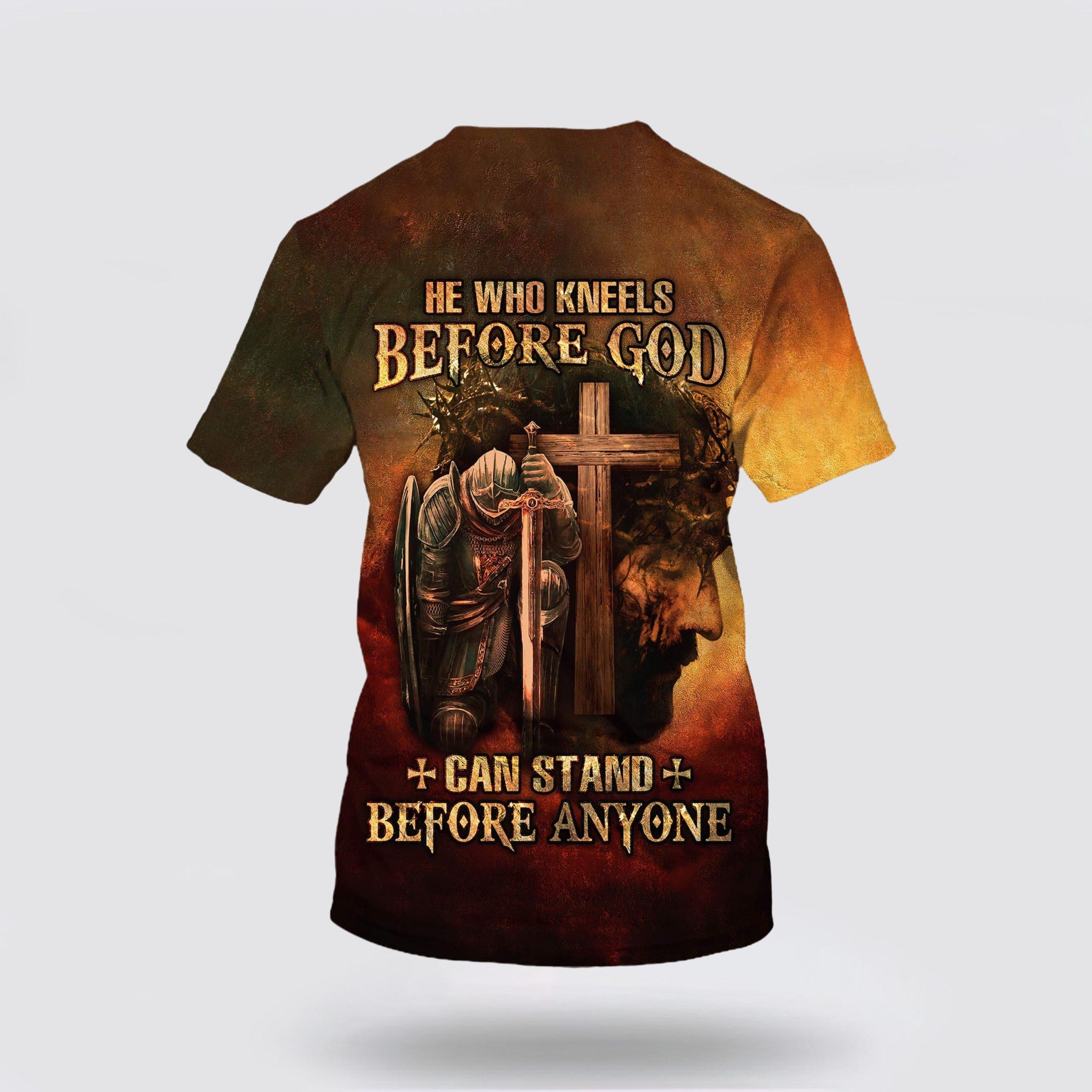 Warrior And Lion He Who Kneels Before God Can Stand Before Anyone All Over Print 3D T Shirt – Gifts For Christians