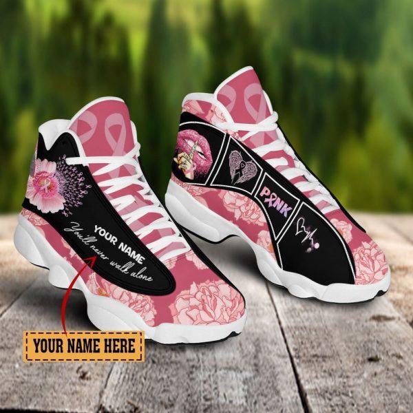 Breast Cancer Basketball Shoes, Breast Cancer You Will Never Walk Alone Flower Custom Name Basketball Shoes, Breast Cancer Shoes