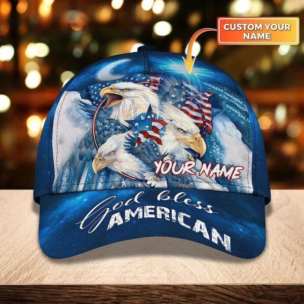 Christian Baseball Cap, Bald Eagle God Bless America Flag Custom Name All Over Print Baseball Cap, Mens Baseball Cap, Women’s Baseball Cap