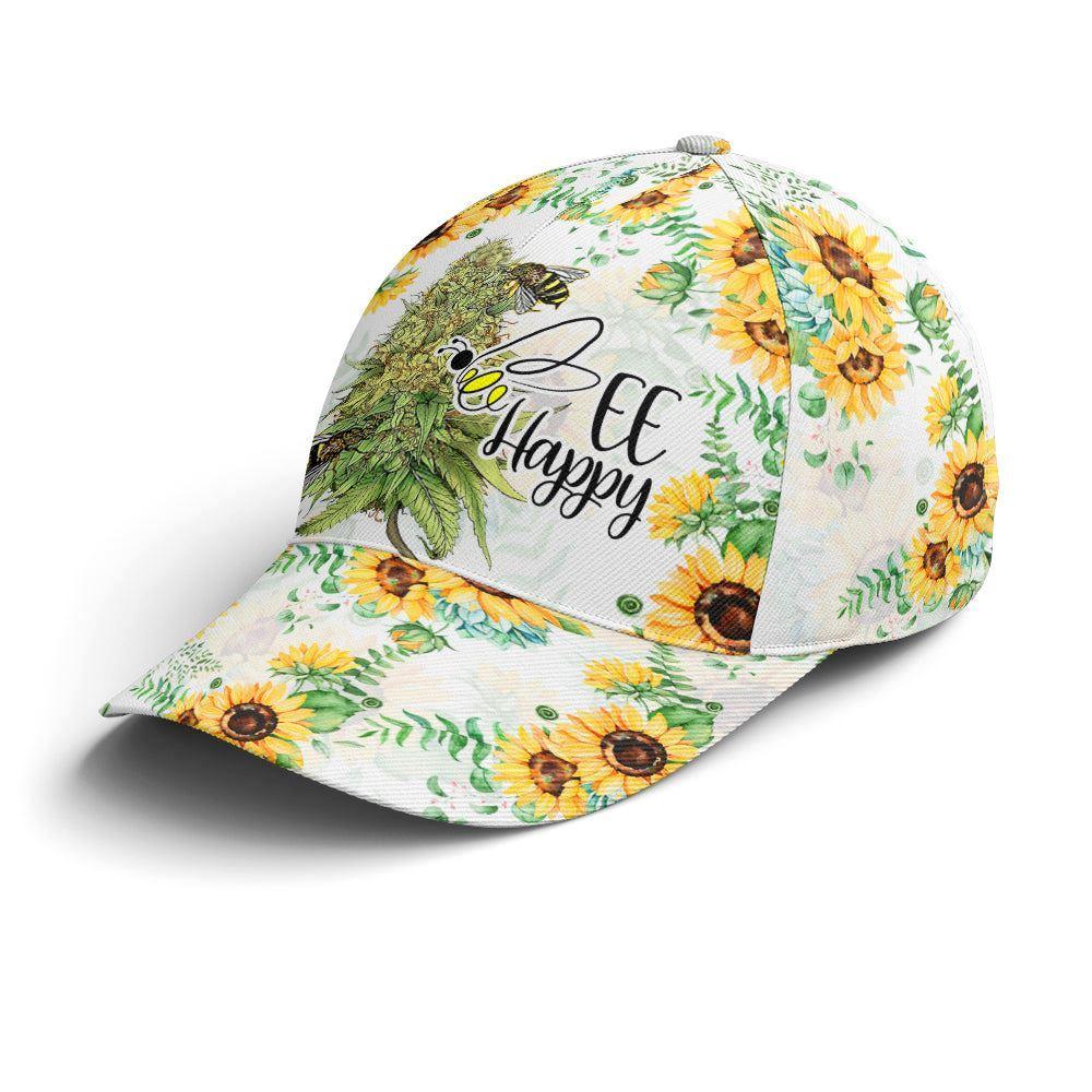 Christian Baseball Cap, Bee happy Sunflower Pattern Baseball Cap, Mens Baseball Cap, Women’s Baseball Cap