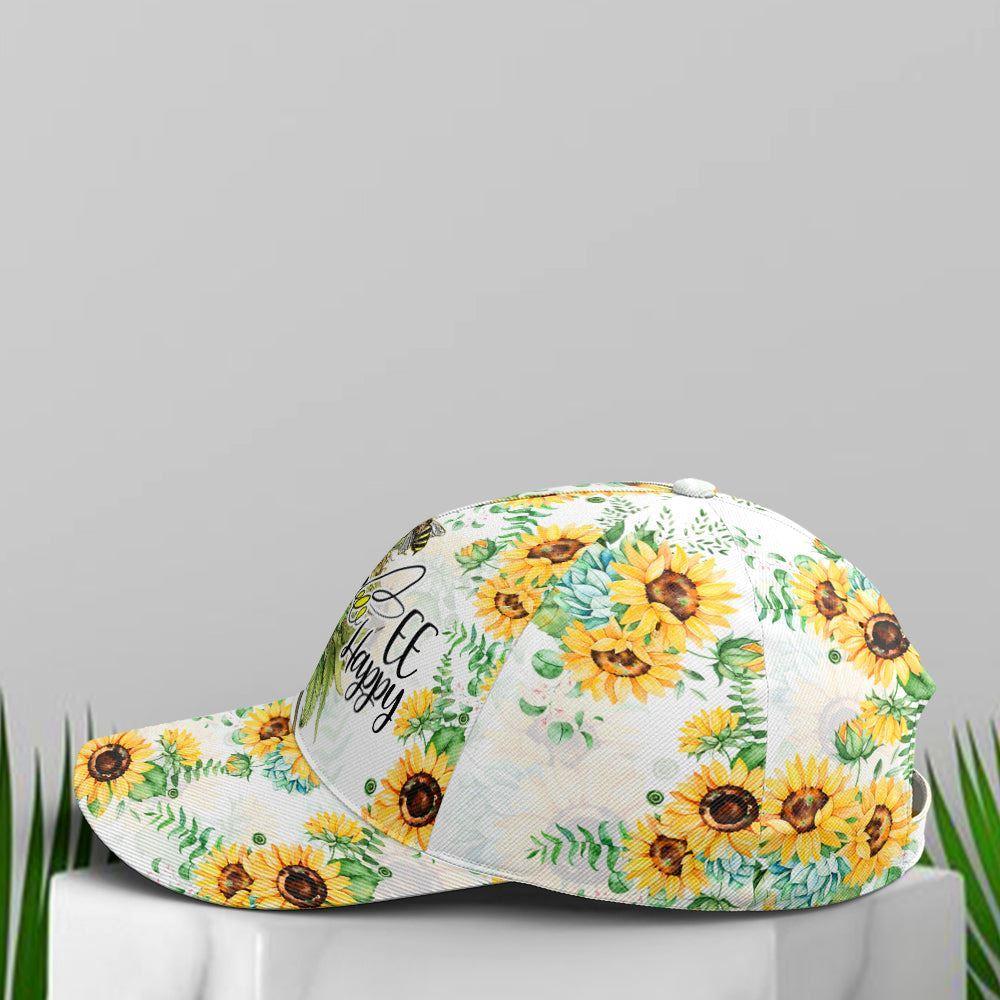 Christian Baseball Cap, Bee happy Sunflower Pattern Baseball Cap, Mens Baseball Cap, Women’s Baseball Cap